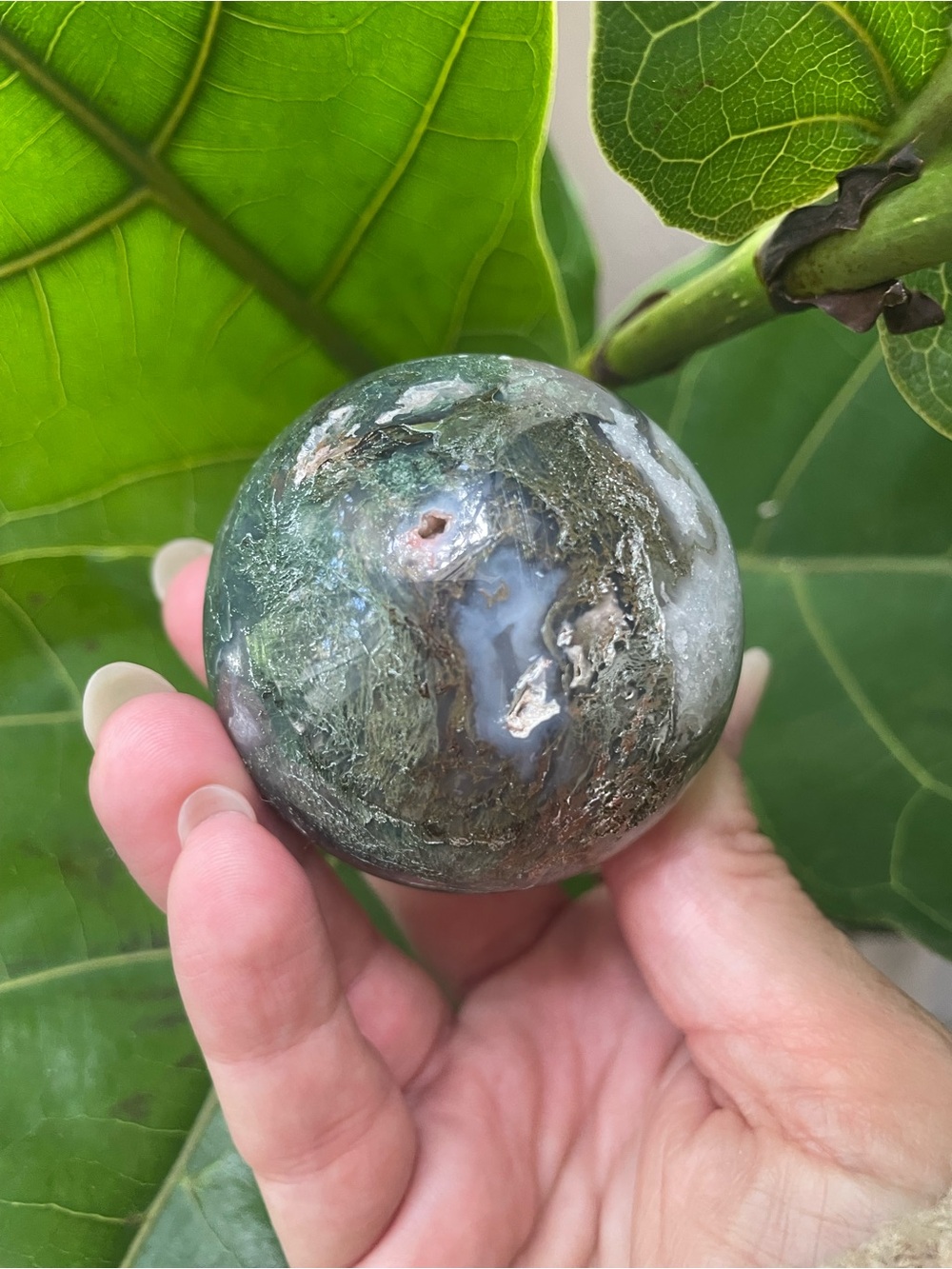 Green Moss Agate polished crystal Sphere -